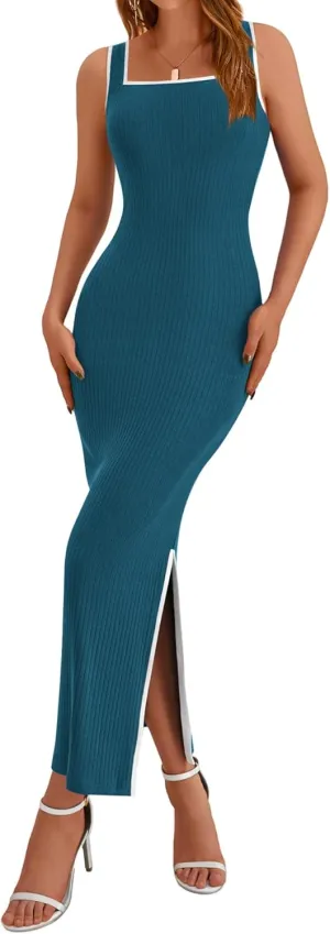 BTFBM Women's 2025 Summer Knit Bodycon Maxi Dress Sleeveless Square Neck Slit Tank Party Club Ribbed Sweater Dresses