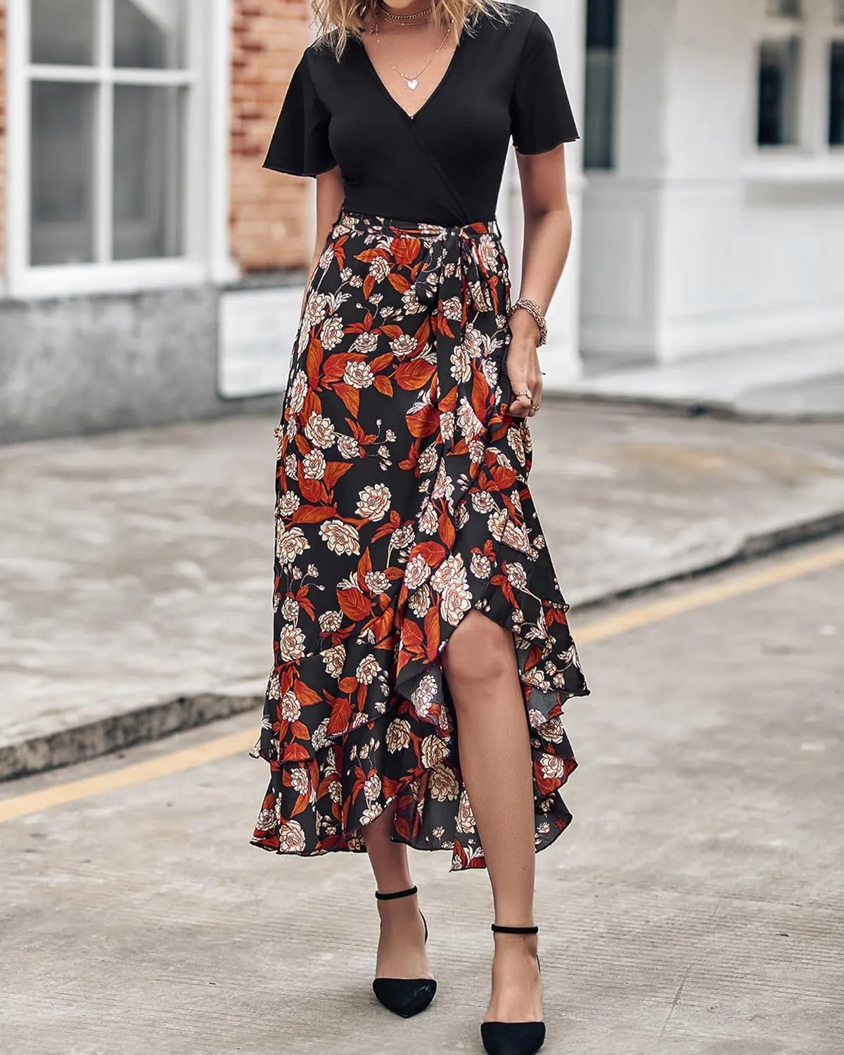 BTFBM Womens Maxi Summer Dresses 2025 Short Sleeve V Neck Boho Floral Print Belted High Low Ruffle Party Cocktail Dress
