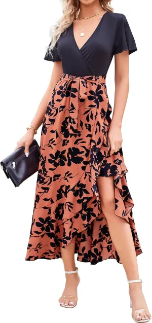 BTFBM Womens Maxi Summer Dresses 2025 Short Sleeve V Neck Boho Floral Print Belted High Low Ruffle Party Cocktail Dress