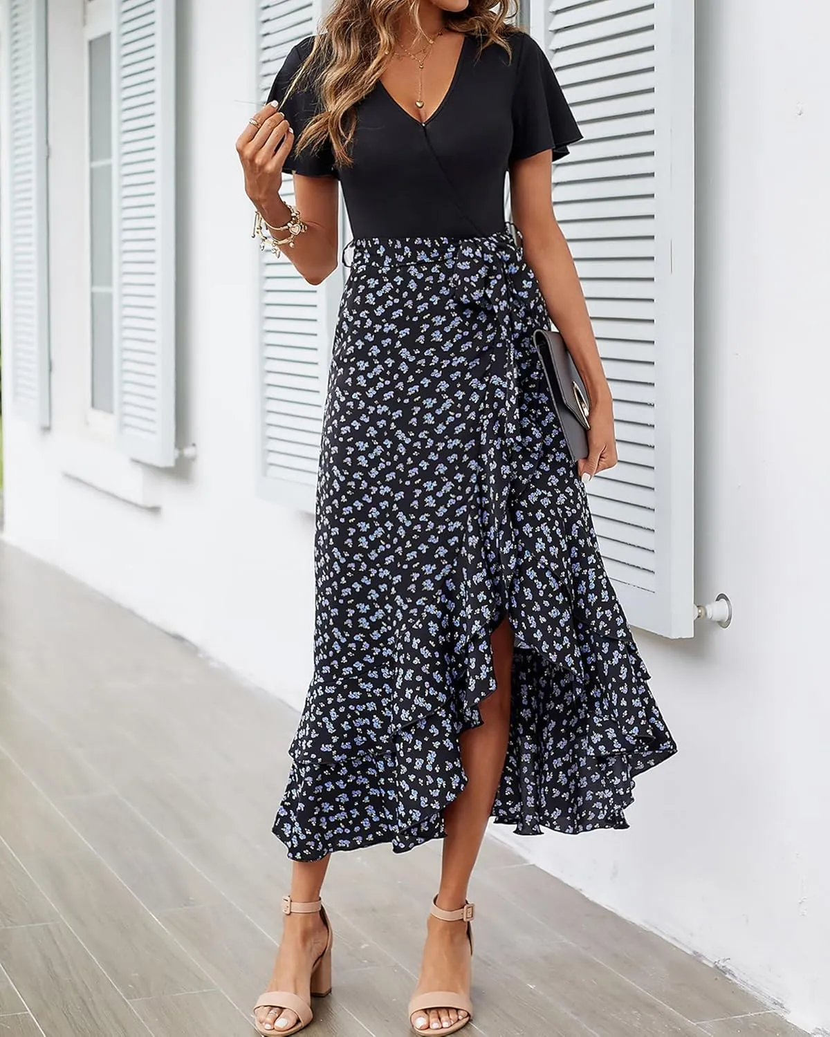 BTFBM Womens Maxi Summer Dresses 2025 Short Sleeve V Neck Boho Floral Print Belted High Low Ruffle Party Cocktail Dress