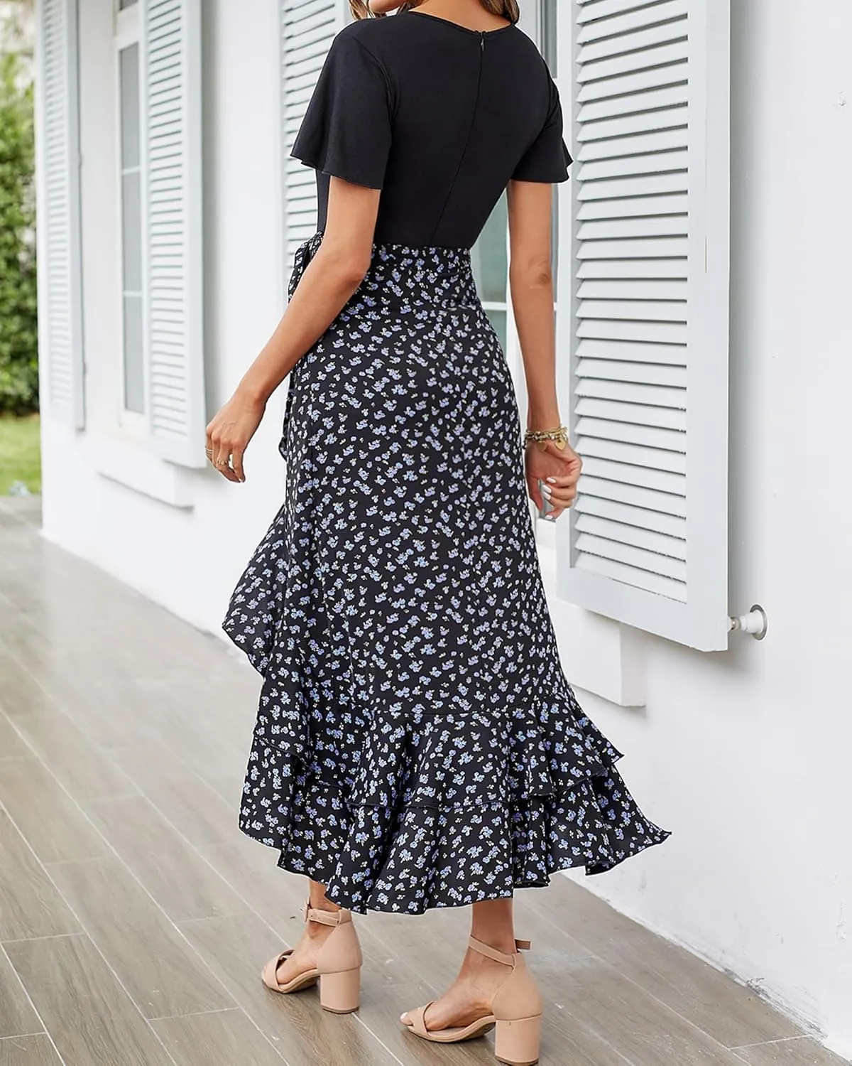 BTFBM Womens Maxi Summer Dresses 2025 Short Sleeve V Neck Boho Floral Print Belted High Low Ruffle Party Cocktail Dress