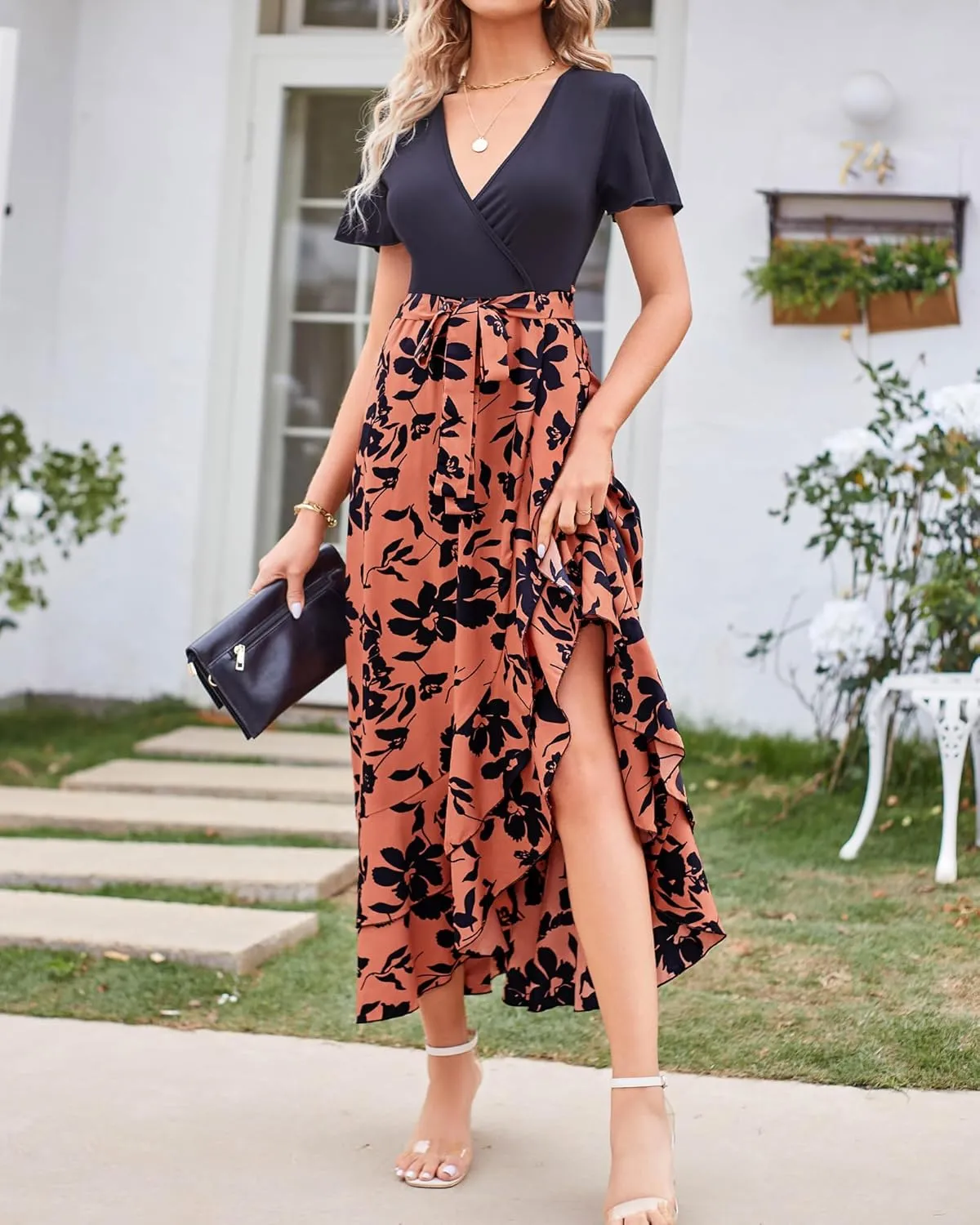 BTFBM Womens Maxi Summer Dresses 2025 Short Sleeve V Neck Boho Floral Print Belted High Low Ruffle Party Cocktail Dress