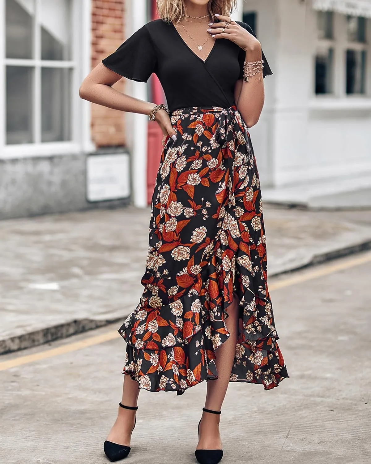 BTFBM Womens Maxi Summer Dresses 2025 Short Sleeve V Neck Boho Floral Print Belted High Low Ruffle Party Cocktail Dress