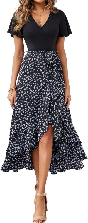 BTFBM Womens Maxi Summer Dresses 2025 Short Sleeve V Neck Boho Floral Print Belted High Low Ruffle Party Cocktail Dress