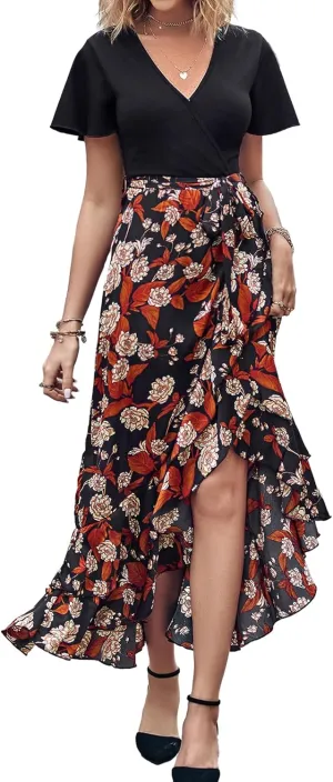 BTFBM Womens Maxi Summer Dresses 2025 Short Sleeve V Neck Boho Floral Print Belted High Low Ruffle Party Cocktail Dress
