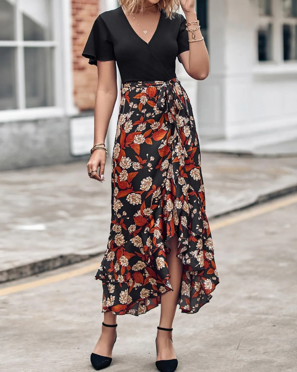 BTFBM Womens Maxi Summer Dresses 2025 Short Sleeve V Neck Boho Floral Print Belted High Low Ruffle Party Cocktail Dress