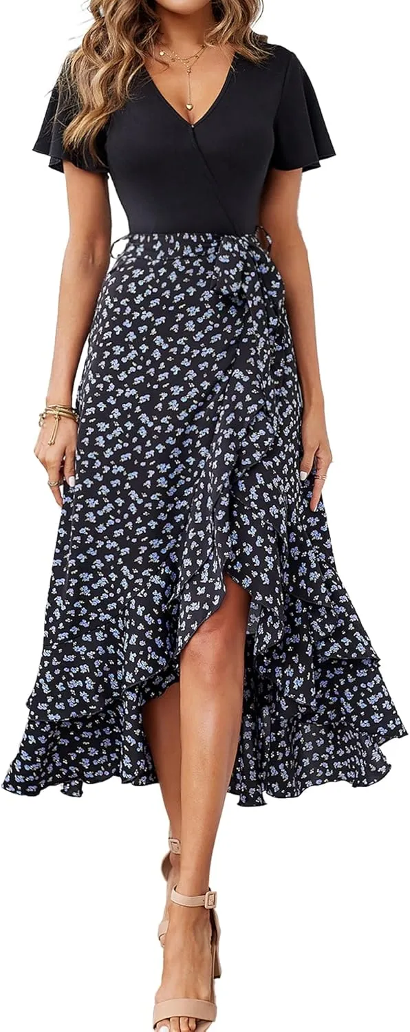 BTFBM Womens Maxi Summer Dresses 2025 Short Sleeve V Neck Boho Floral Print Belted High Low Ruffle Party Cocktail Dress