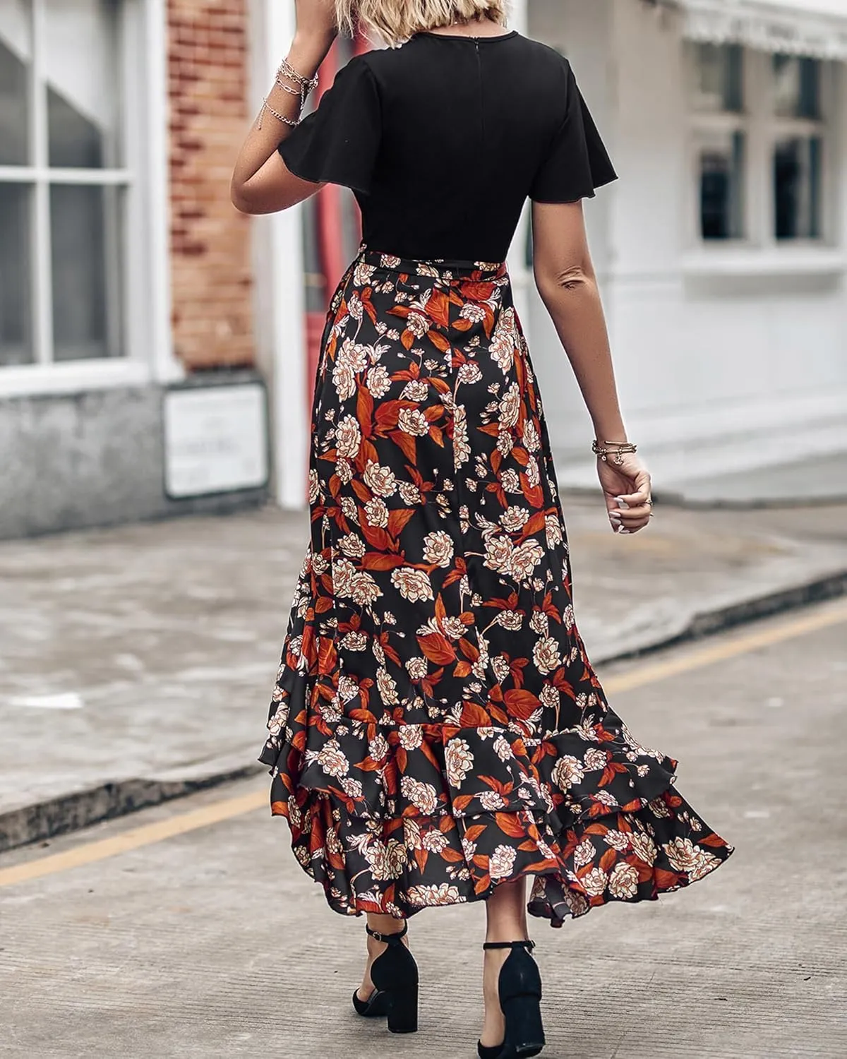 BTFBM Womens Maxi Summer Dresses 2025 Short Sleeve V Neck Boho Floral Print Belted High Low Ruffle Party Cocktail Dress