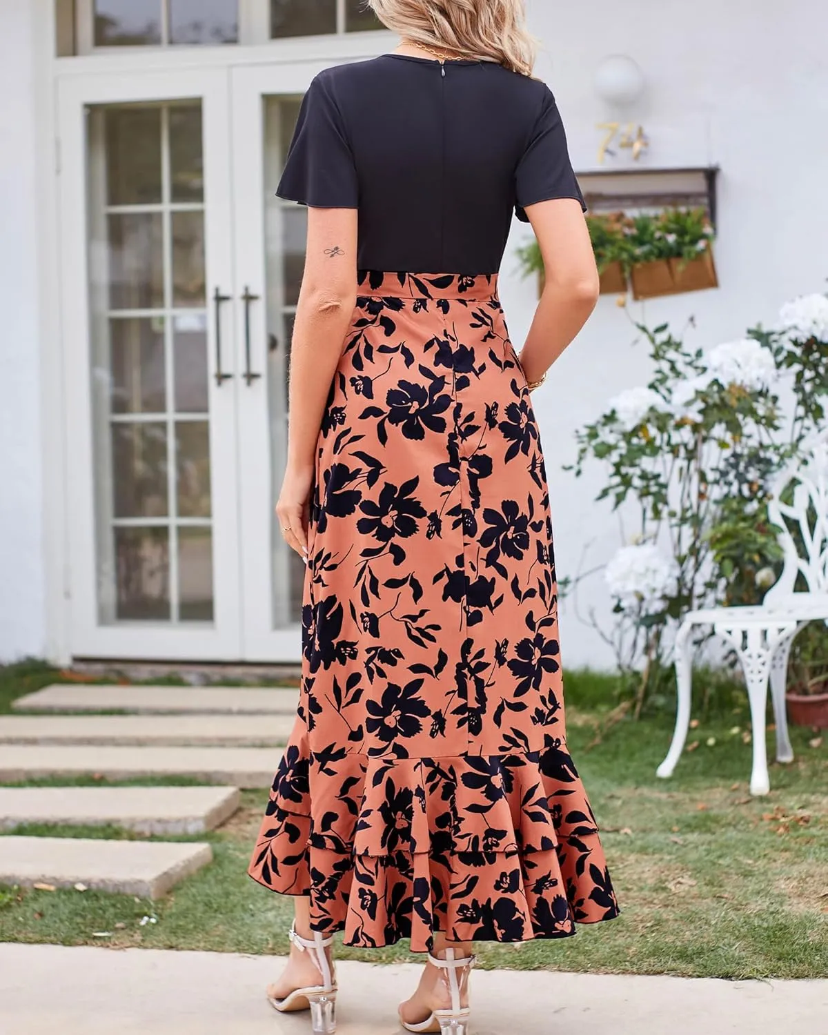 BTFBM Womens Maxi Summer Dresses 2025 Short Sleeve V Neck Boho Floral Print Belted High Low Ruffle Party Cocktail Dress