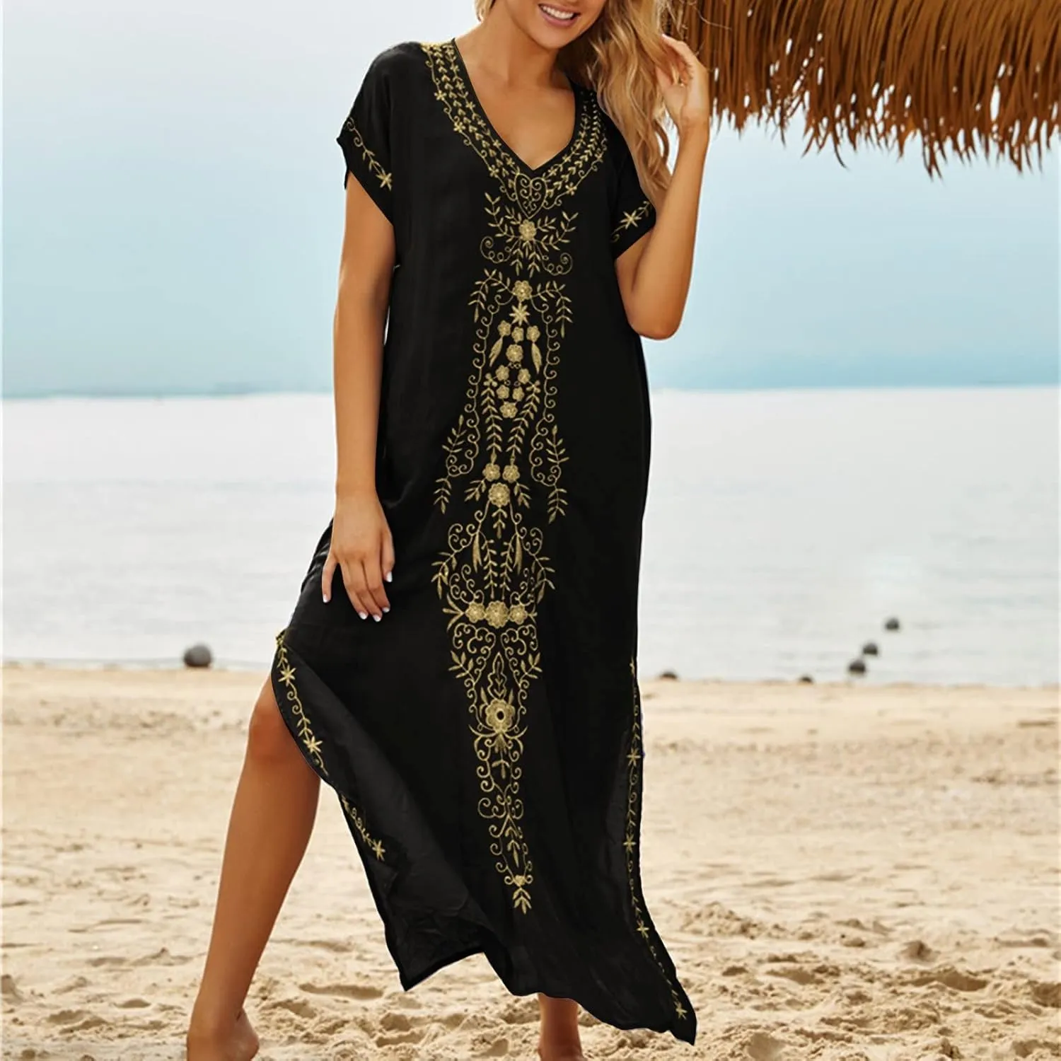 Caftan Dresses for Women Embroidery Short Sleeve Beach Cover Up V Neck Maxi Kaftan Dress