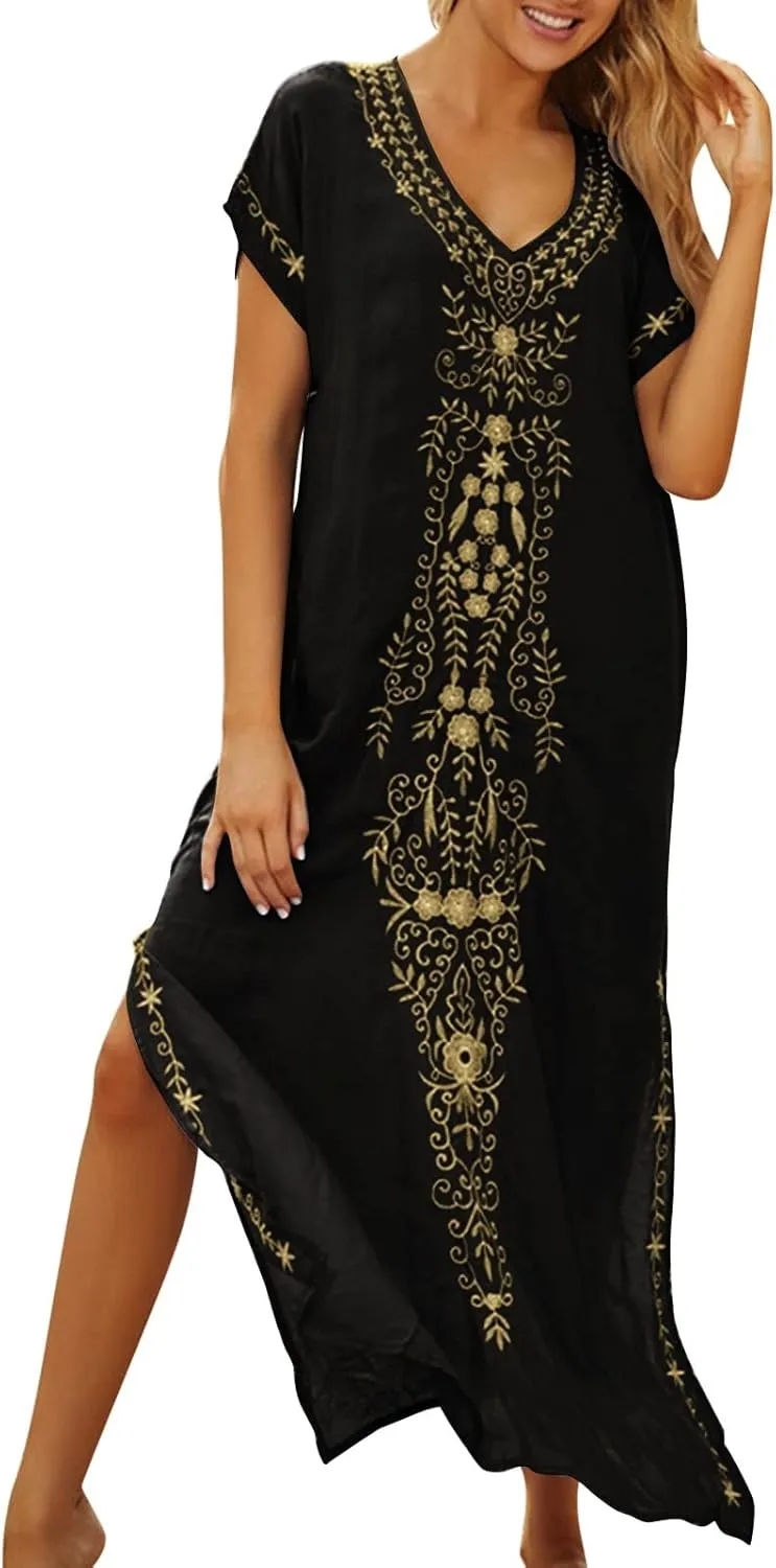 Caftan Dresses for Women Embroidery Short Sleeve Beach Cover Up V Neck Maxi Kaftan Dress
