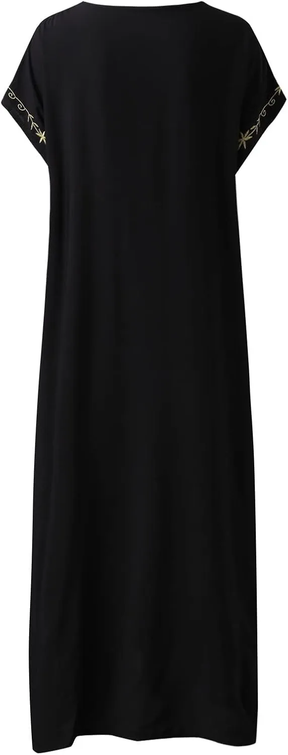 Caftan Dresses for Women Embroidery Short Sleeve Beach Cover Up V Neck Maxi Kaftan Dress