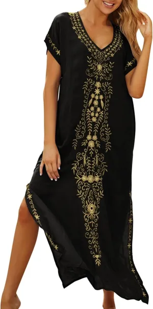 Caftan Dresses for Women Embroidery Short Sleeve Beach Cover Up V Neck Maxi Kaftan Dress