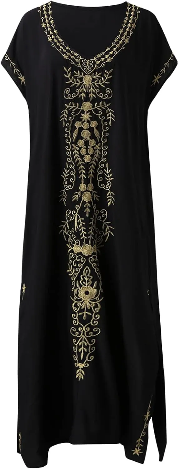 Caftan Dresses for Women Embroidery Short Sleeve Beach Cover Up V Neck Maxi Kaftan Dress