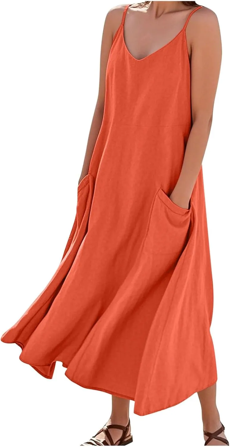 Casual Dresses for Women Flowy Casual Cami Dress Beach Vacation Sleeveless Long Sundresses with Pockets