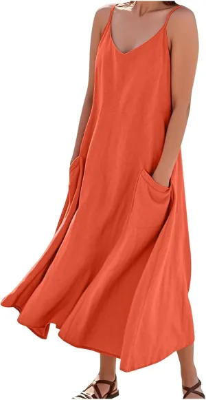 Casual Dresses for Women Flowy Casual Cami Dress Beach Vacation Sleeveless Long Sundresses with Pockets