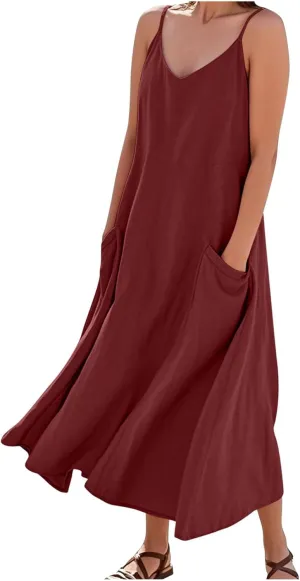 Casual Dresses for Women Flowy Casual Cami Dress Beach Vacation Sleeveless Long Sundresses with Pockets