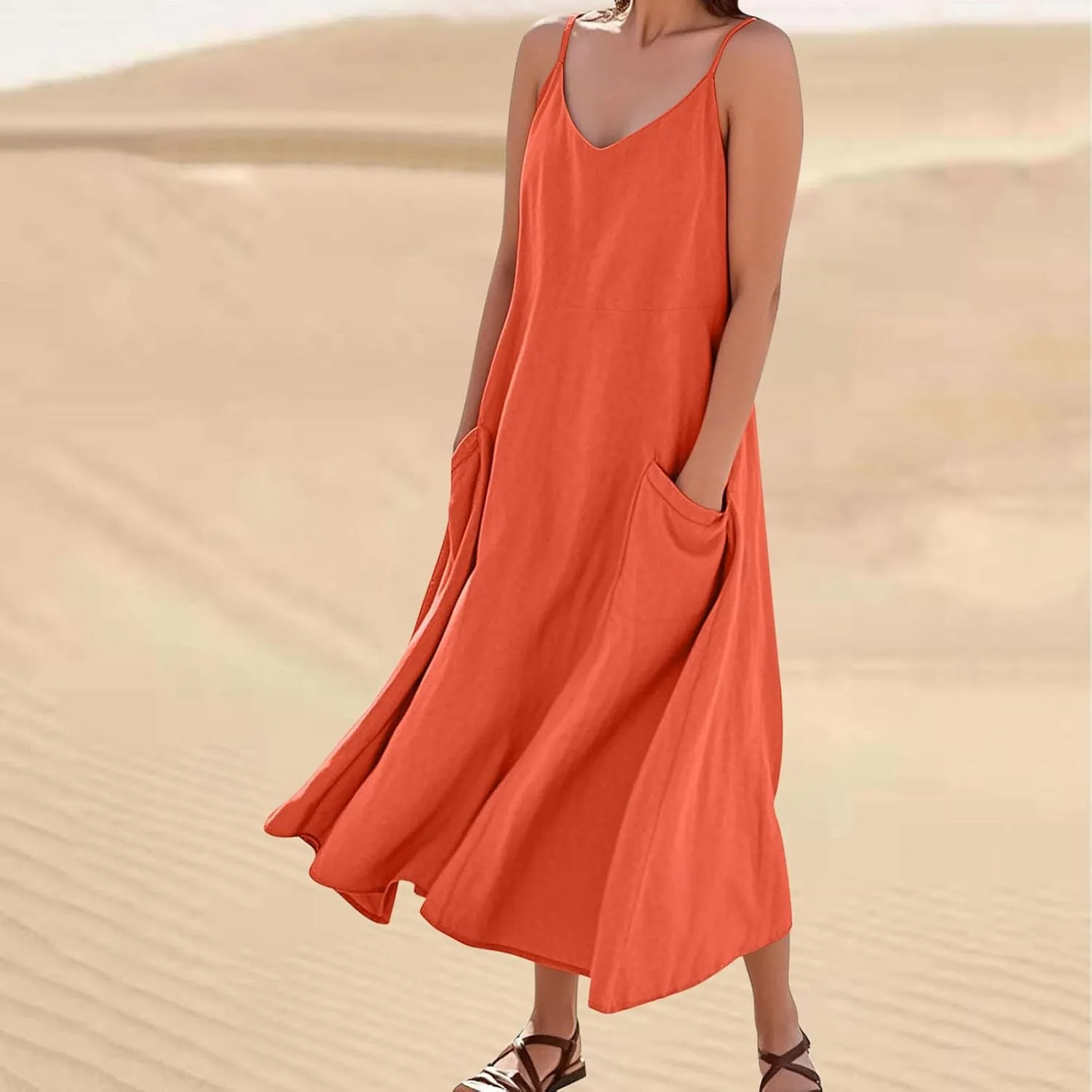 Casual Dresses for Women Flowy Casual Cami Dress Beach Vacation Sleeveless Long Sundresses with Pockets