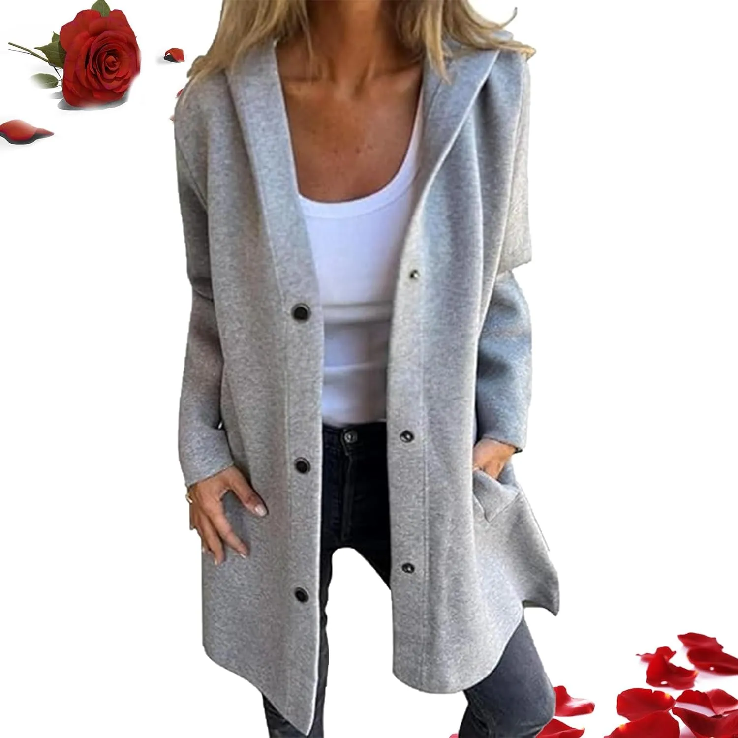 Casual Single Breasted Hooded Jacket Single Breasted Hooded Coats Lapel Neck Long Sleeve Trench Coat For Women 2024