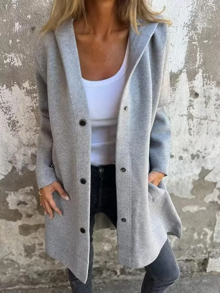 Casual Single Breasted Hooded Jacket Single Breasted Hooded Coats Lapel Neck Long Sleeve Trench Coat For Women 2024