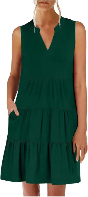 Casual Summer Dresses for Women 2025 Beach Vacation Mini Dresses with Pockets Sleeveless V Neck Ruffle Dresses