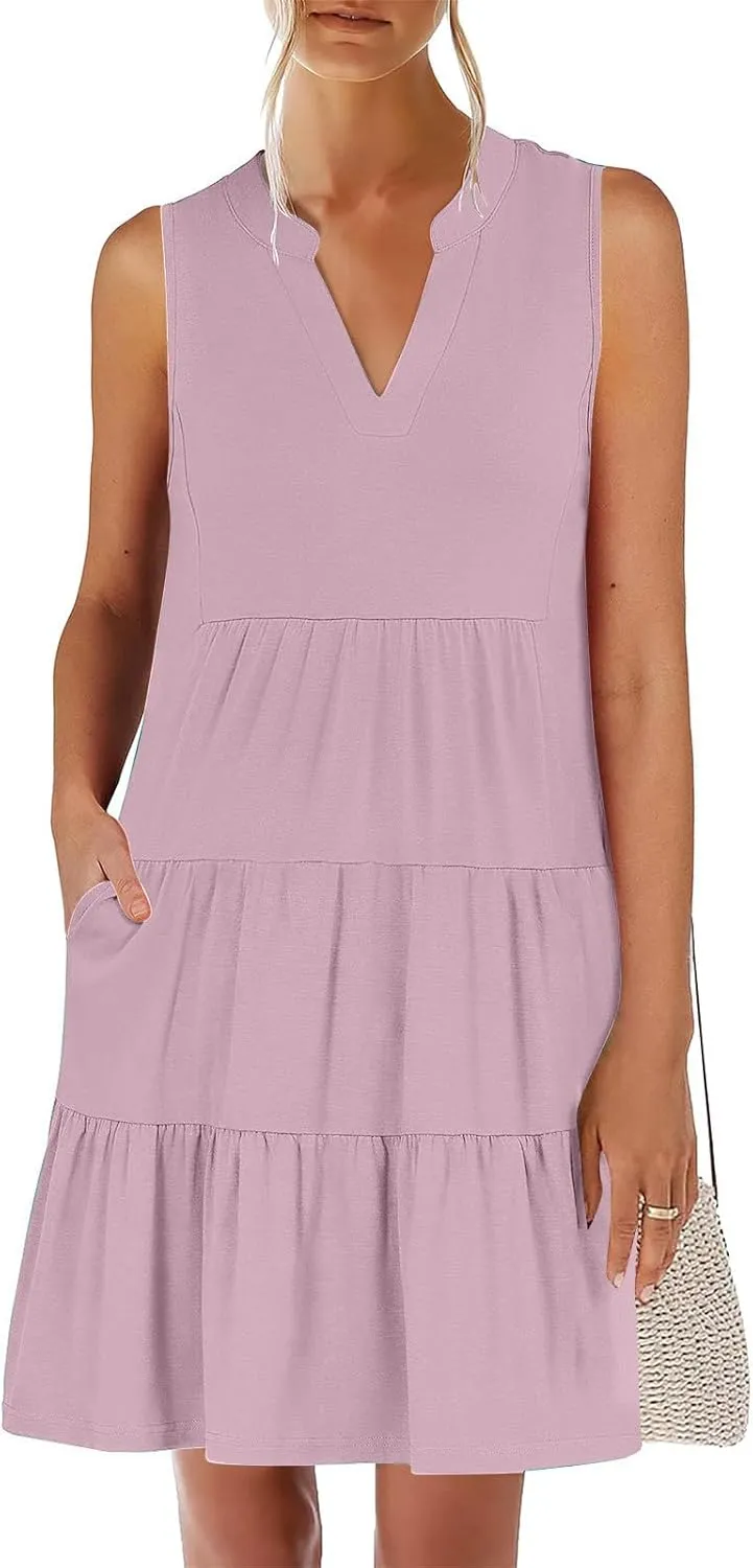 Casual Summer Dresses for Women 2025 Beach Vacation Mini Dresses with Pockets Sleeveless V Neck Ruffle Dresses