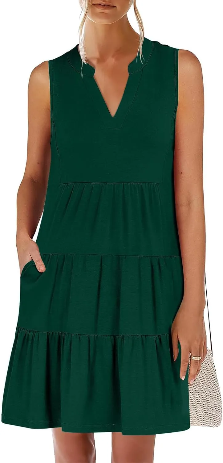 Casual Summer Dresses for Women 2025 Beach Vacation Mini Dresses with Pockets Sleeveless V Neck Ruffle Dresses