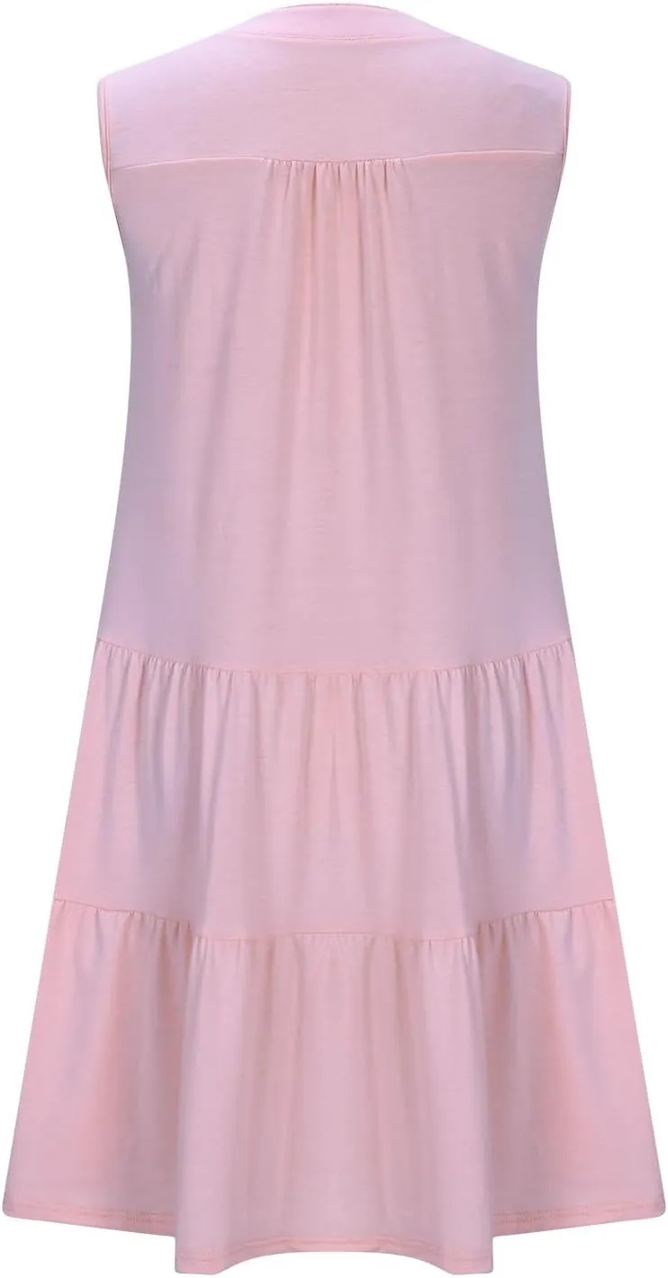Casual Summer Dresses for Women 2025 Beach Vacation Mini Dresses with Pockets Sleeveless V Neck Ruffle Dresses