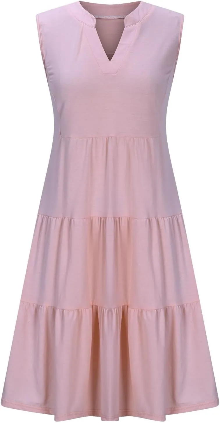 Casual Summer Dresses for Women 2025 Beach Vacation Mini Dresses with Pockets Sleeveless V Neck Ruffle Dresses