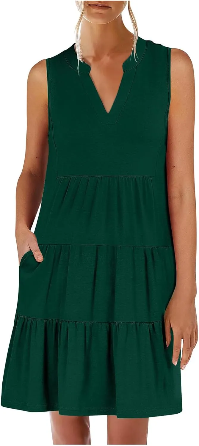 Casual Summer Dresses for Women 2025 Beach Vacation Mini Dresses with Pockets Sleeveless V Neck Ruffle Dresses