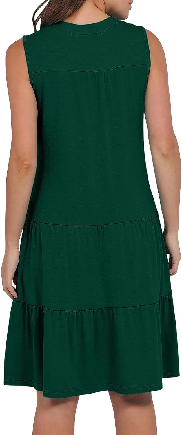 Casual Summer Dresses for Women 2025 Beach Vacation Mini Dresses with Pockets Sleeveless V Neck Ruffle Dresses