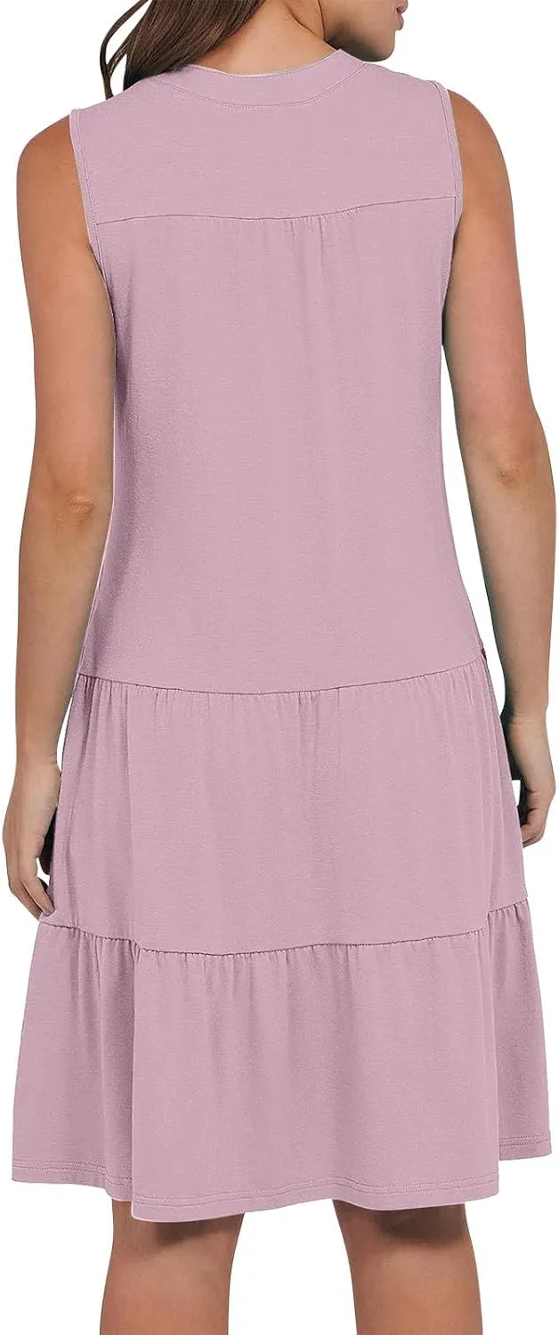 Casual Summer Dresses for Women 2025 Beach Vacation Mini Dresses with Pockets Sleeveless V Neck Ruffle Dresses