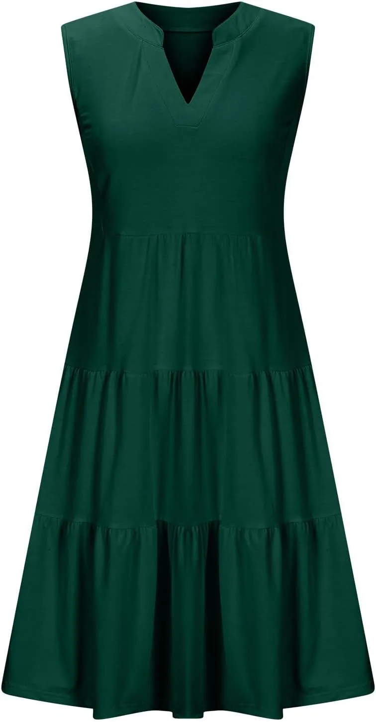Casual Summer Dresses for Women 2025 Beach Vacation Mini Dresses with Pockets Sleeveless V Neck Ruffle Dresses