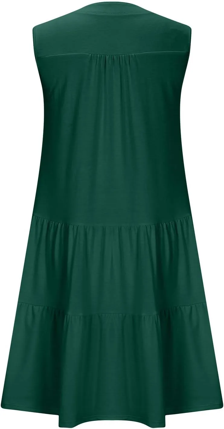 Casual Summer Dresses for Women 2025 Beach Vacation Mini Dresses with Pockets Sleeveless V Neck Ruffle Dresses