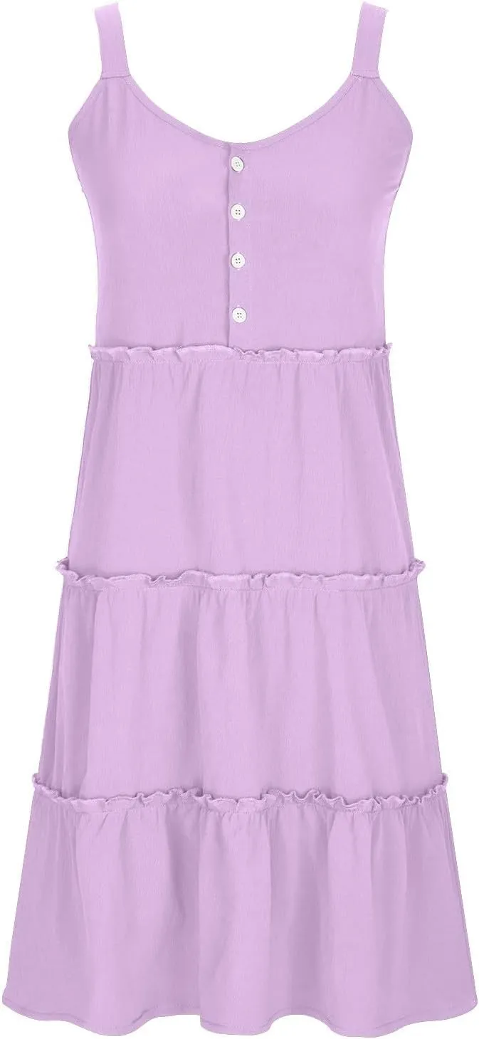 Casual Sundresses for Women Sleeveless Tank Dress Button Down Mocked Elastic Waist Ruffle Tiered Casual Swing Mini Dress