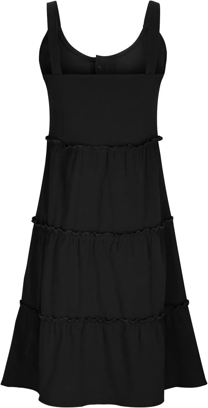 Casual Sundresses for Women Sleeveless Tank Dress Button Down Mocked Elastic Waist Ruffle Tiered Casual Swing Mini Dress