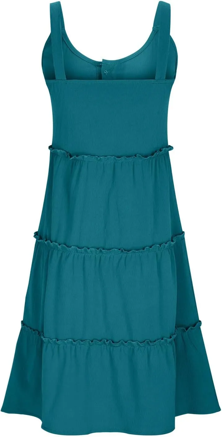 Casual Sundresses for Women Sleeveless Tank Dress Button Down Mocked Elastic Waist Ruffle Tiered Casual Swing Mini Dress