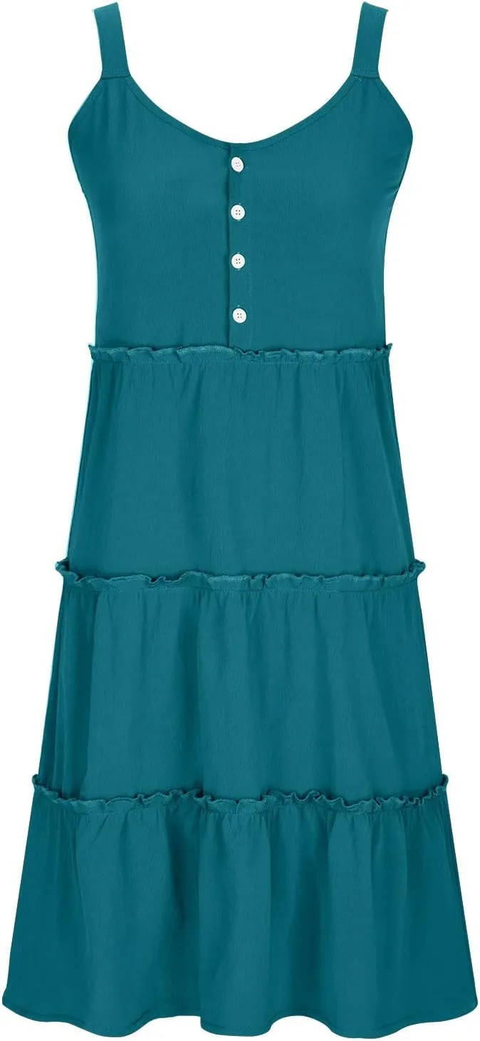 Casual Sundresses for Women Sleeveless Tank Dress Button Down Mocked Elastic Waist Ruffle Tiered Casual Swing Mini Dress