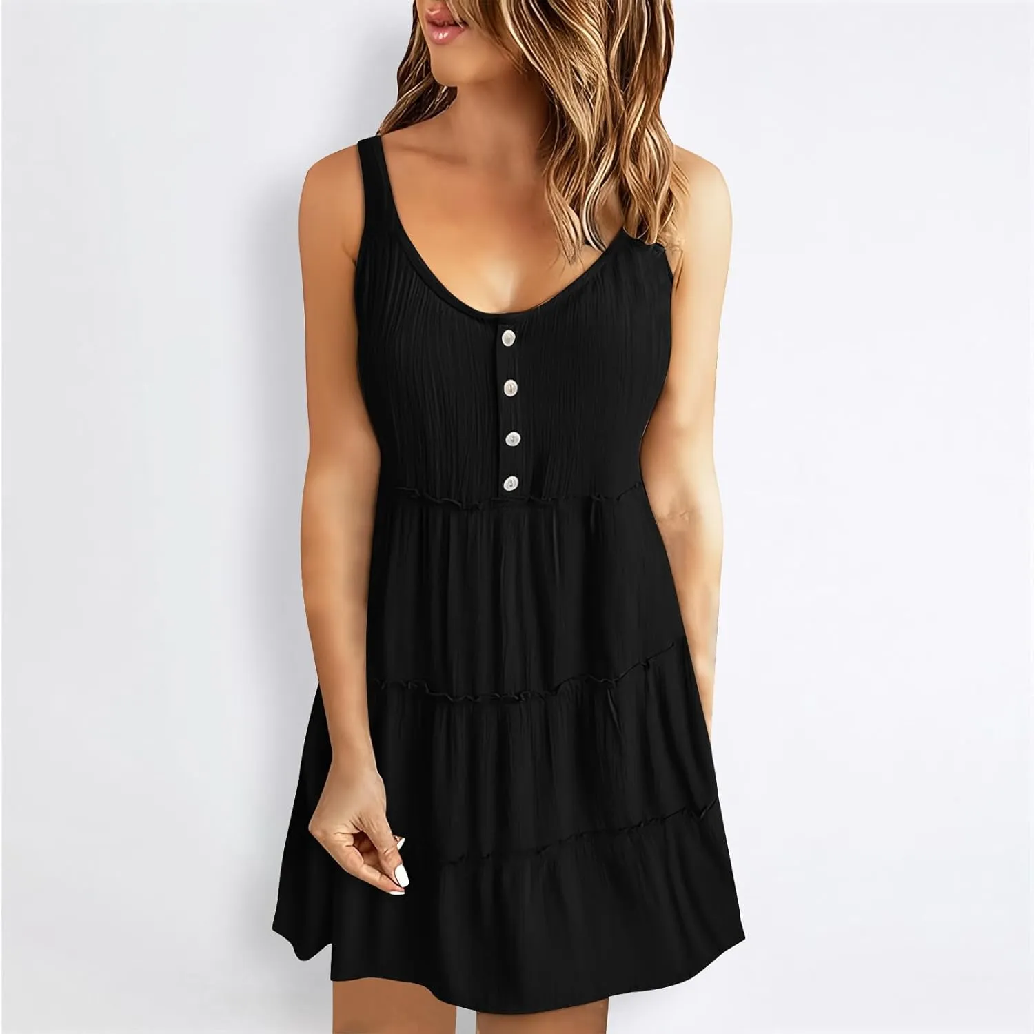 Casual Sundresses for Women Sleeveless Tank Dress Button Down Mocked Elastic Waist Ruffle Tiered Casual Swing Mini Dress