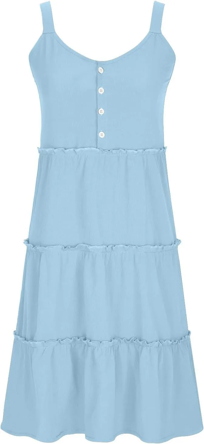 Casual Sundresses for Women Sleeveless Tank Dress Button Down Mocked Elastic Waist Ruffle Tiered Casual Swing Mini Dress