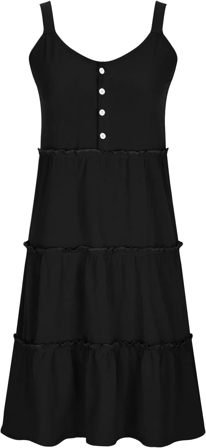 Casual Sundresses for Women Sleeveless Tank Dress Button Down Mocked Elastic Waist Ruffle Tiered Casual Swing Mini Dress