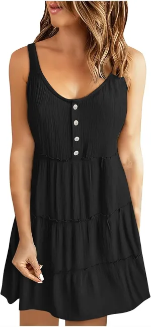 Casual Sundresses for Women Sleeveless Tank Dress Button Down Mocked Elastic Waist Ruffle Tiered Casual Swing Mini Dress