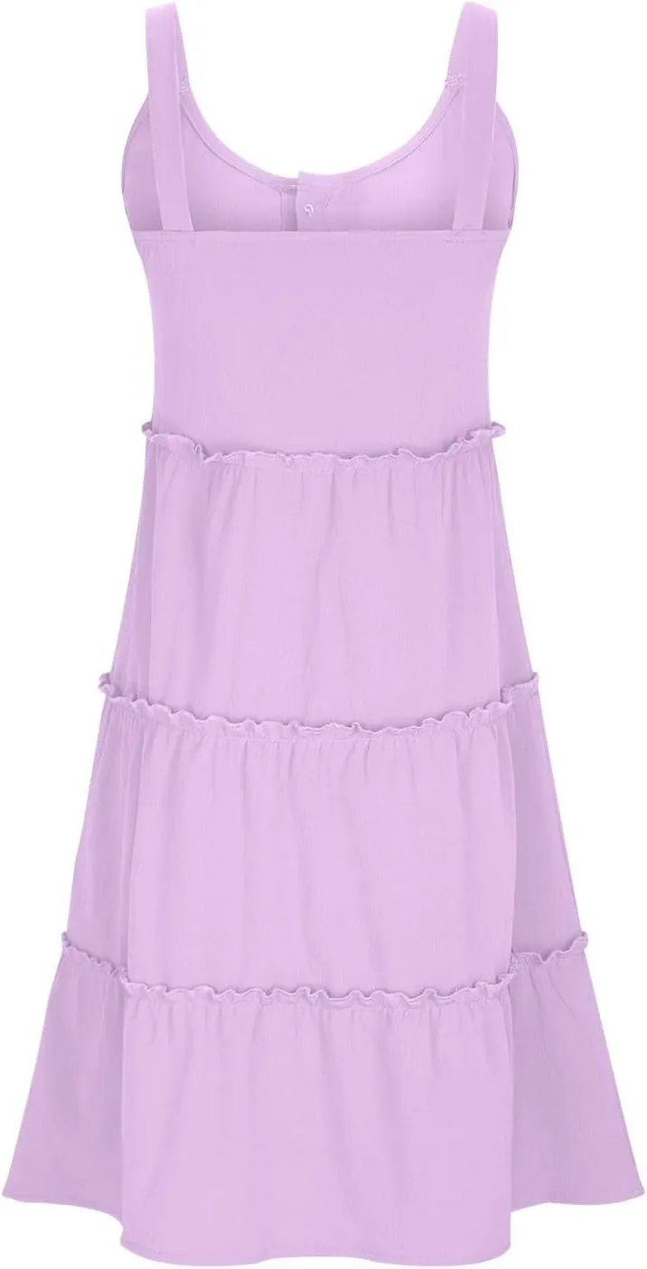Casual Sundresses for Women Sleeveless Tank Dress Button Down Mocked Elastic Waist Ruffle Tiered Casual Swing Mini Dress