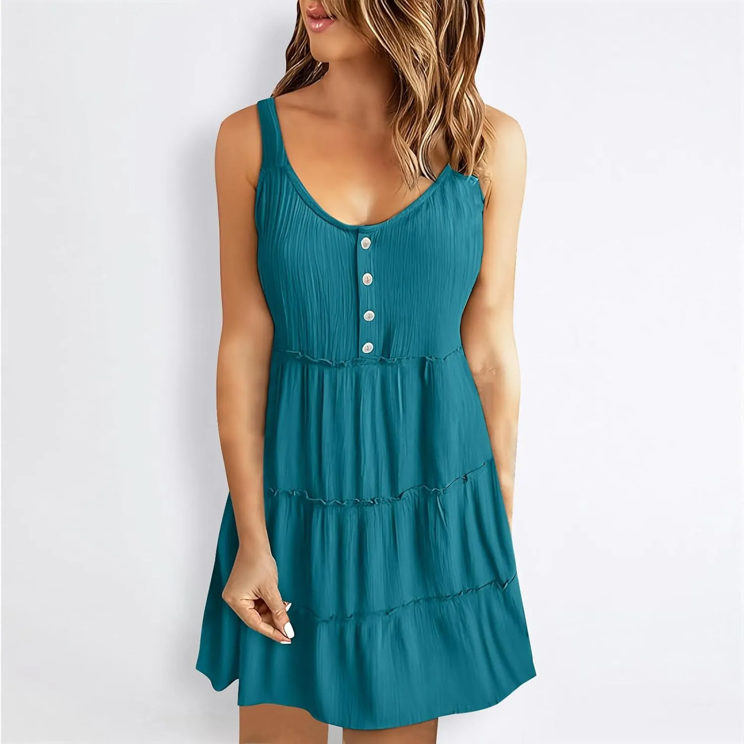 Casual Sundresses for Women Sleeveless Tank Dress Button Down Mocked Elastic Waist Ruffle Tiered Casual Swing Mini Dress