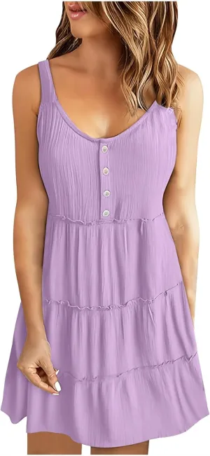 Casual Sundresses for Women Sleeveless Tank Dress Button Down Mocked Elastic Waist Ruffle Tiered Casual Swing Mini Dress