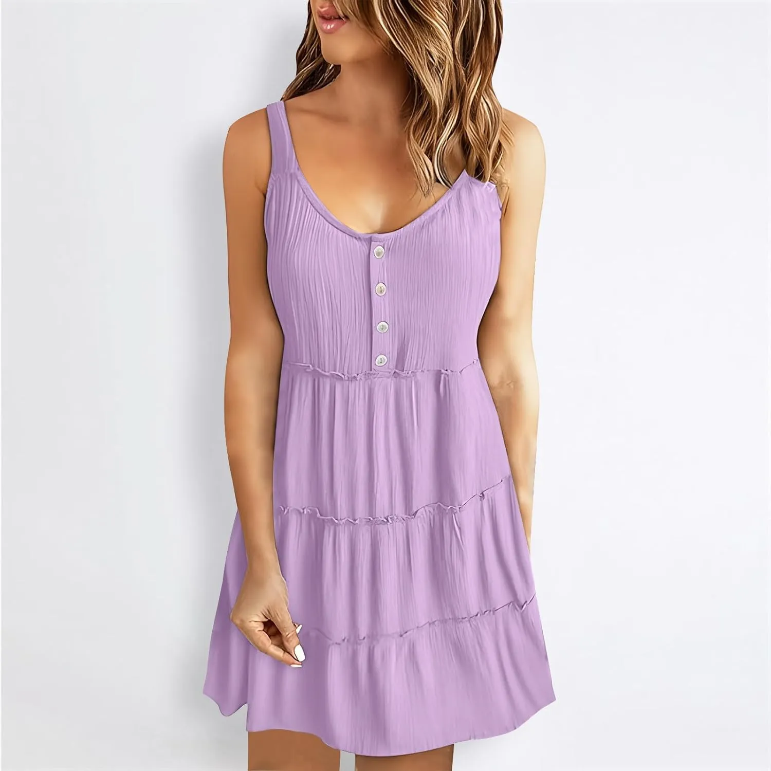 Casual Sundresses for Women Sleeveless Tank Dress Button Down Mocked Elastic Waist Ruffle Tiered Casual Swing Mini Dress