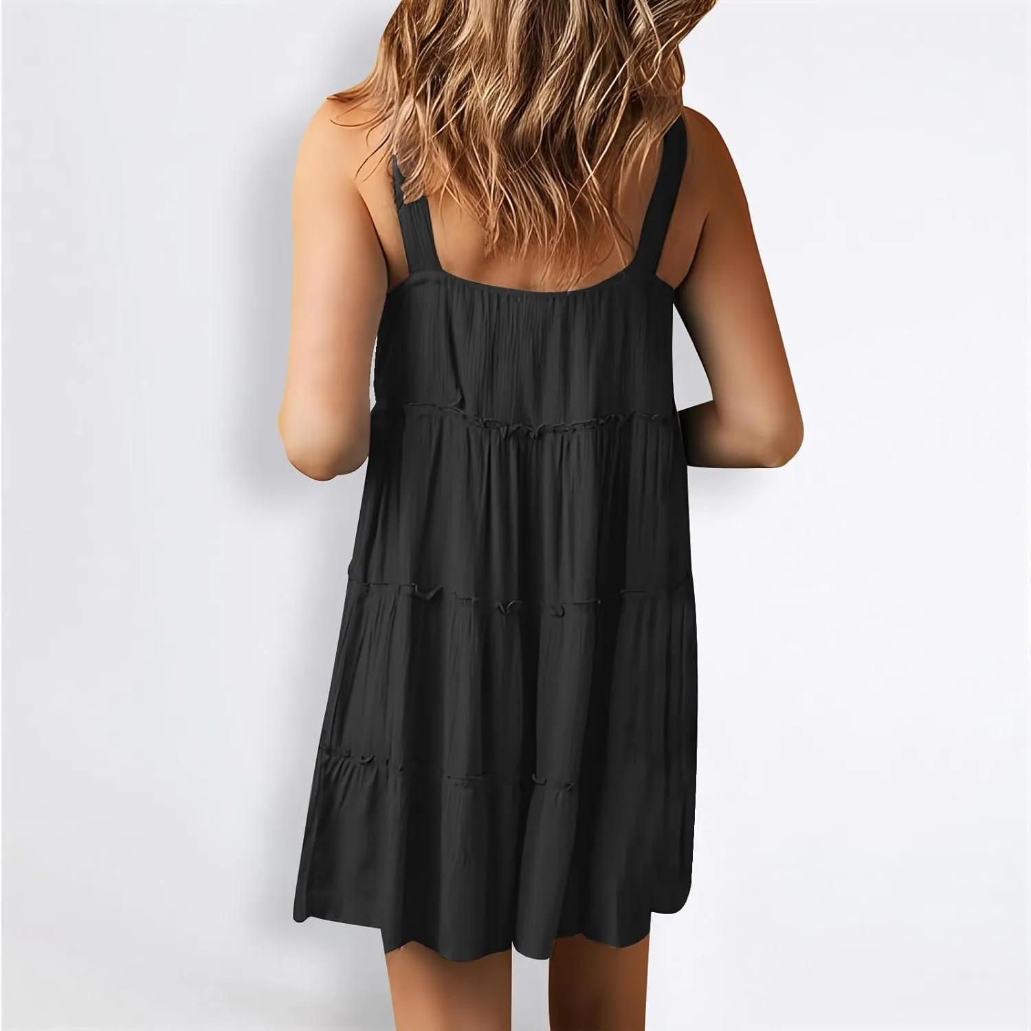 Casual Sundresses for Women Sleeveless Tank Dress Button Down Mocked Elastic Waist Ruffle Tiered Casual Swing Mini Dress