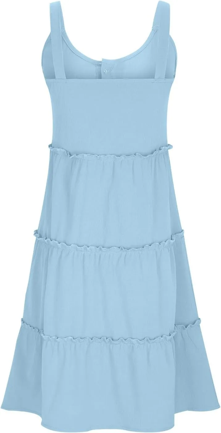 Casual Sundresses for Women Sleeveless Tank Dress Button Down Mocked Elastic Waist Ruffle Tiered Casual Swing Mini Dress