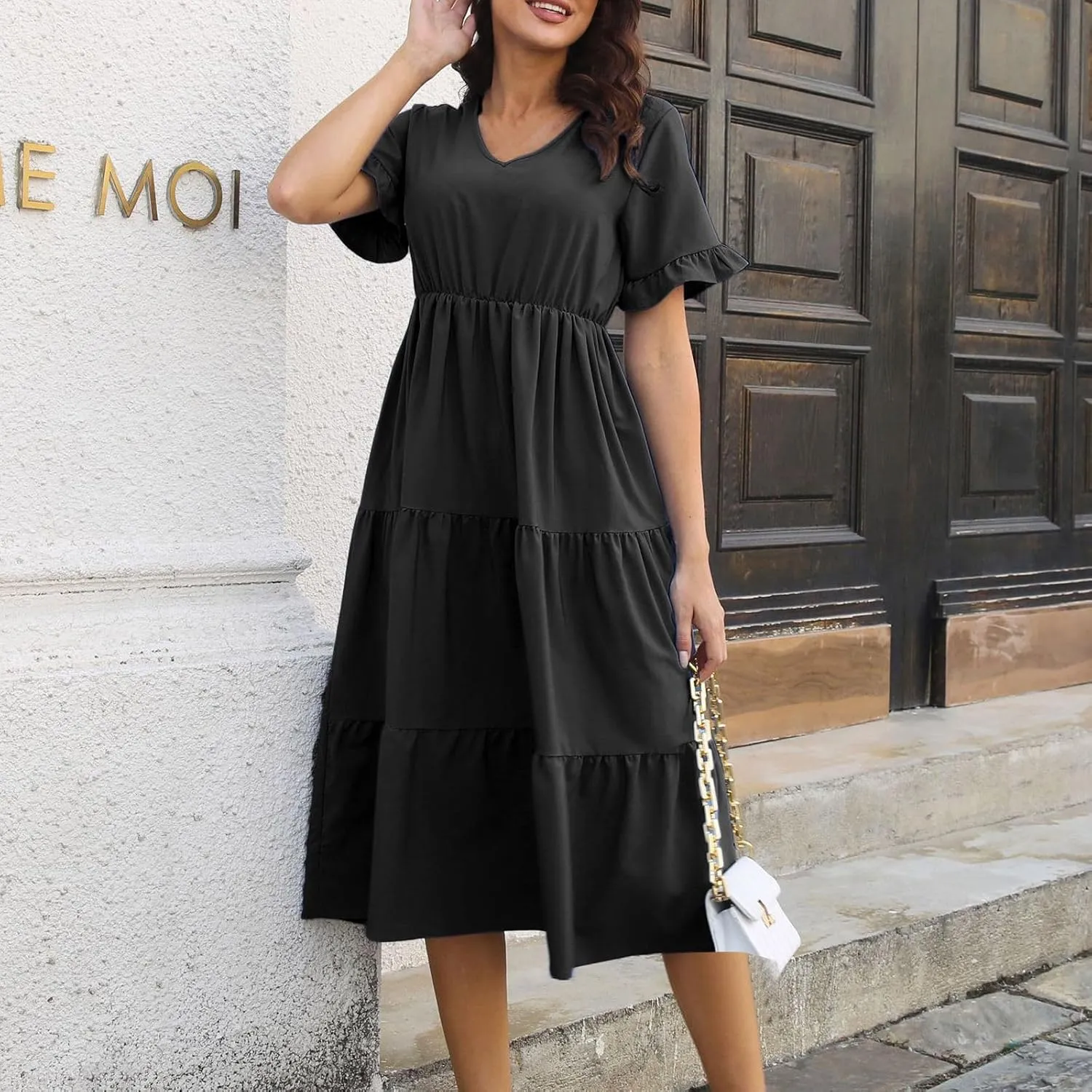 Casual Tiered Dress for Women Ruffle Short Sleeve V Neck Swing Mini Dress A-Line Dresses Summer Casual Ankle Dresses