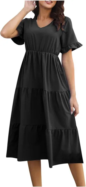 Casual Tiered Dress for Women Ruffle Short Sleeve V Neck Swing Mini Dress A-Line Dresses Summer Casual Ankle Dresses